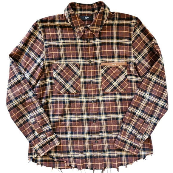Amiri | Leather Logo Flannel Button Down Shirt | Brown | Mens | Size Large - Picture 2 of 16